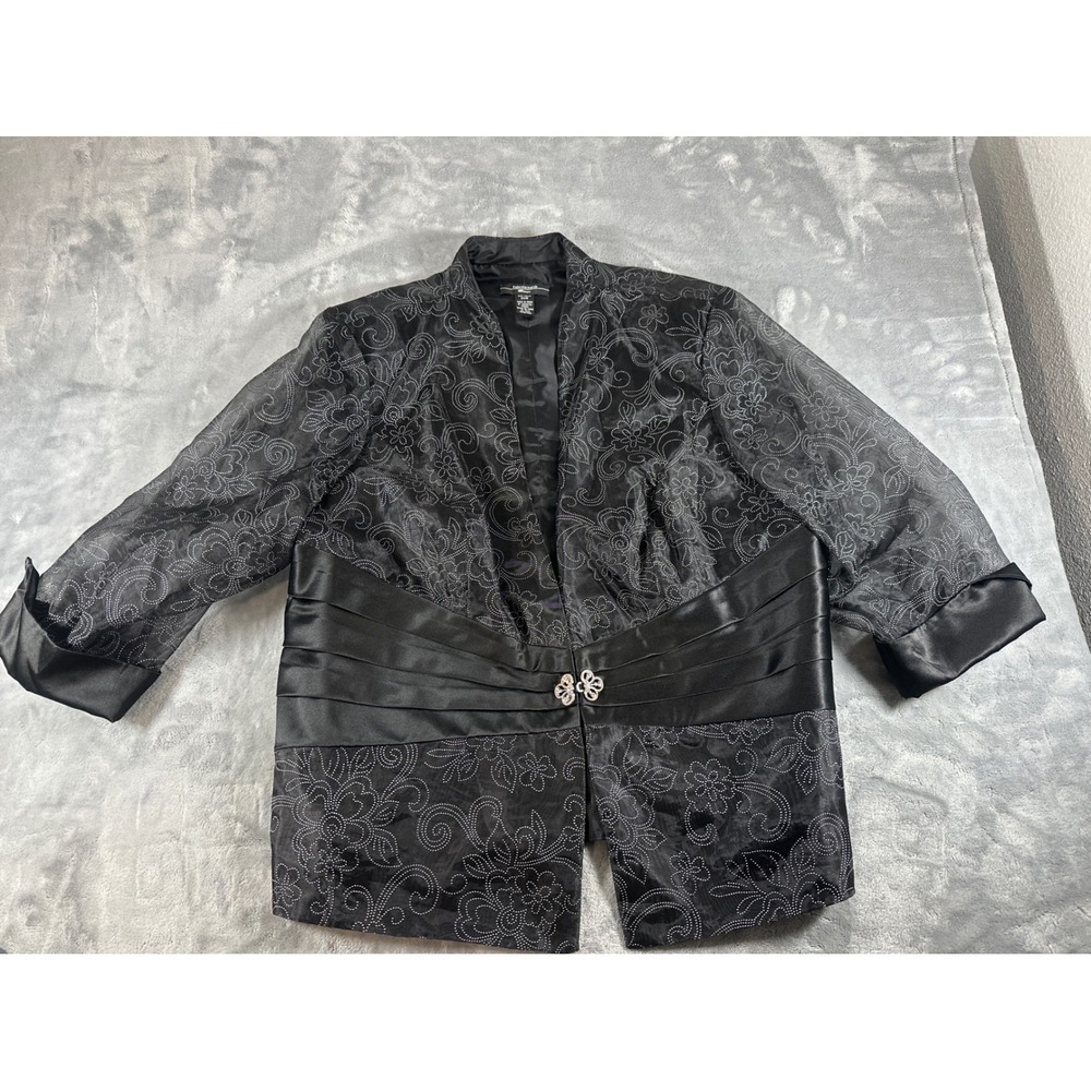 R&M Richards Woman Black Glitter Floral Evening Jacket Rhinestone Clasp 20W